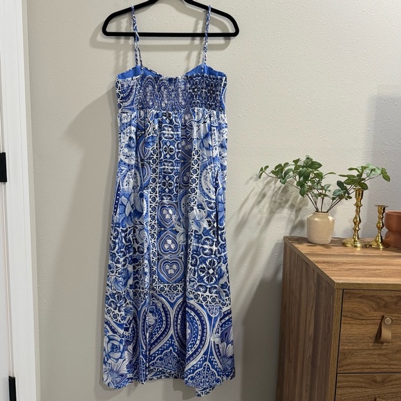 Caroline Constas NWT Medium Blue White Floral Sweatheart Midi Dress Boho Resort - Picture 2 of 7
